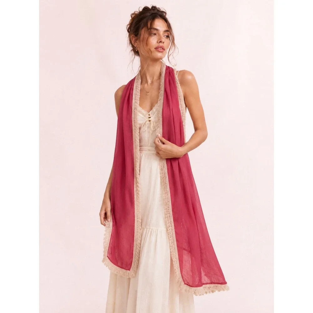 Natural Life Cotton Gauze Wrap Scarf Raspberry Fringe Boho Coquette